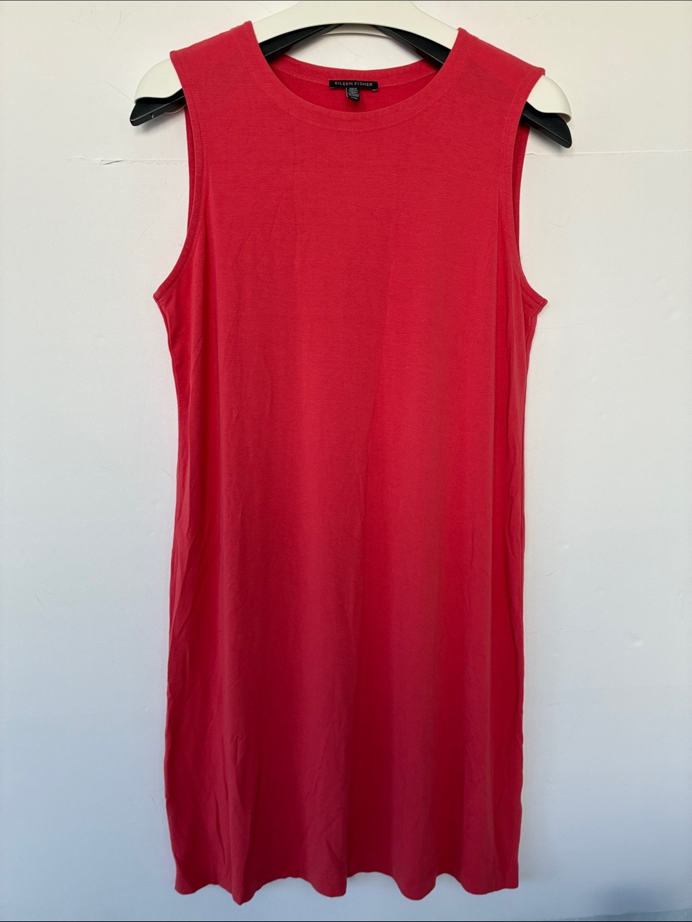 Eileen Fisher Viscose Jersey Crew-Neck Midi Coral Red Sleeveless Dress Medium